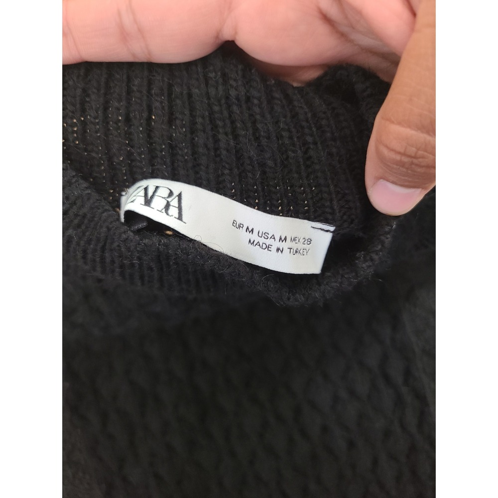 Zara Sweater Womens Medium Black Ruffle Lace Trim Mock Neck Cable Knit - Picture 4 of 6